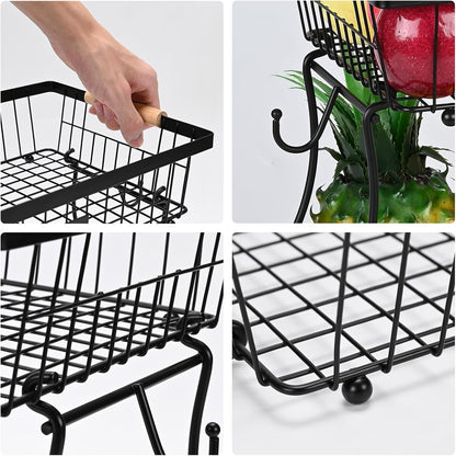 Fruit Basket Bowl 2 Tier Detachable with 2 Banana Hangers, Fruit Stand Holder for Kitchen Countertop, Metal Wire Vegetable Storage Organizer, for Bread Snack Veggies Produce, Black
