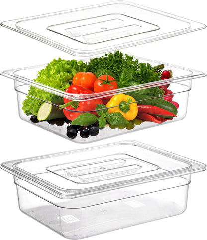 Bekith 2 Pack Plastic Food Pans with Lids, Half Size 4 Inch Deep, Stackable Clear Food Pans for Commercial Kitchen Restaurant Food Prep, Freezer-Safe