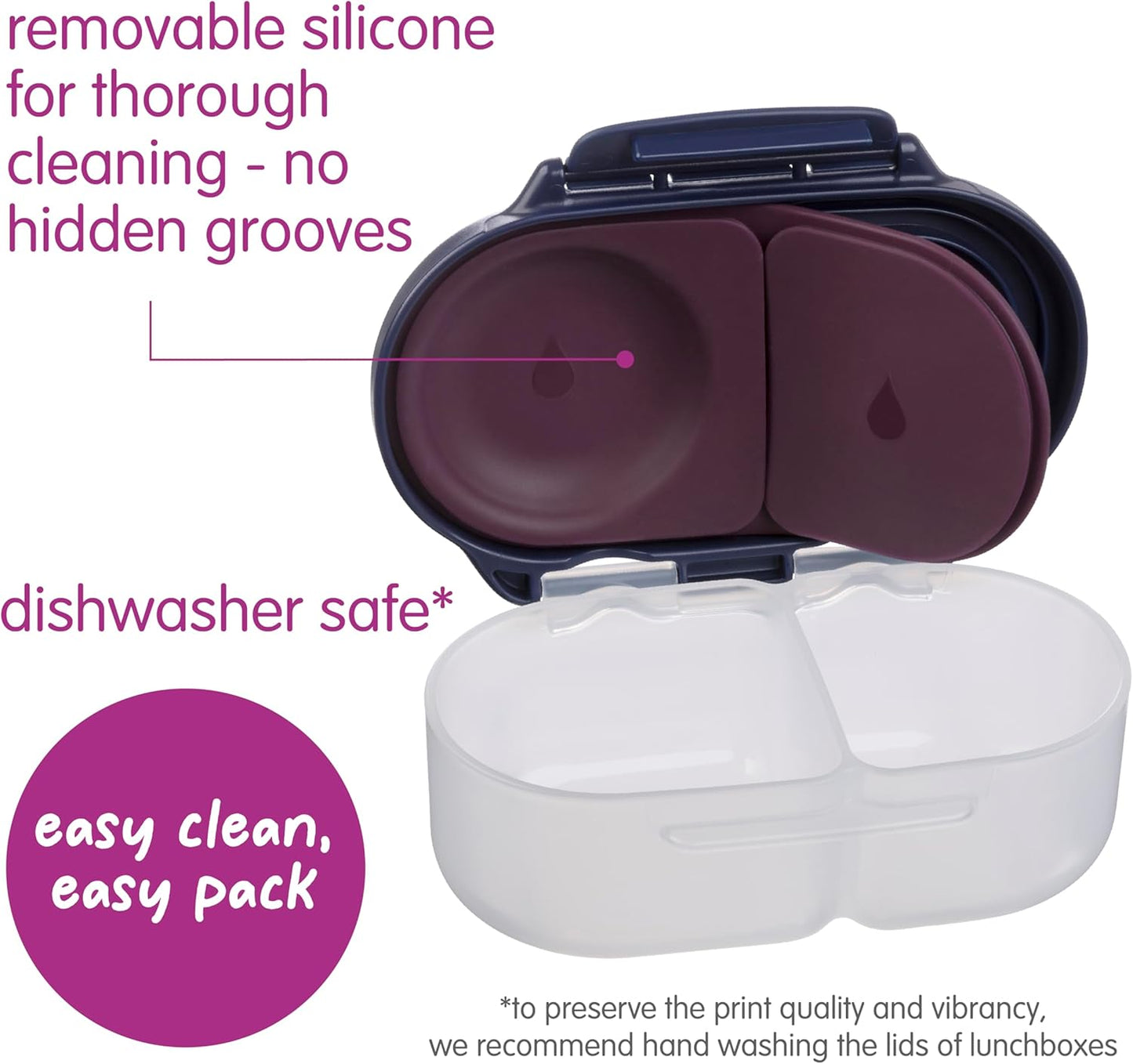 b.box Snack Box 2-Pack - Leak Proof Mini Bento Box for Kids & Toddlers, 2 Compartment Snack Containers for Kids, Dishwasher Safe, BPA-Free, PFAS-Free, Ages 4mo+, 1 3/4 Cup Each (Strawberry + Lilac)