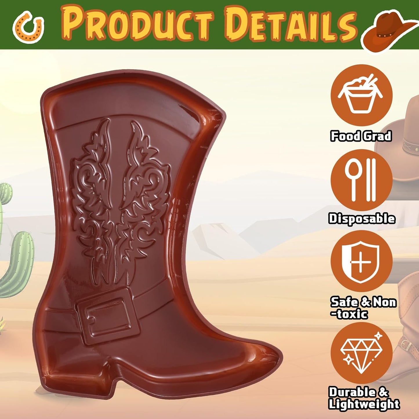 Uiifan 24 Pcs Cowboy Boot Serving Trays, Western Party Decorations Disposable Western Party Supplies Plastic Cowgirl Boot Plates for Snacks(Brown)