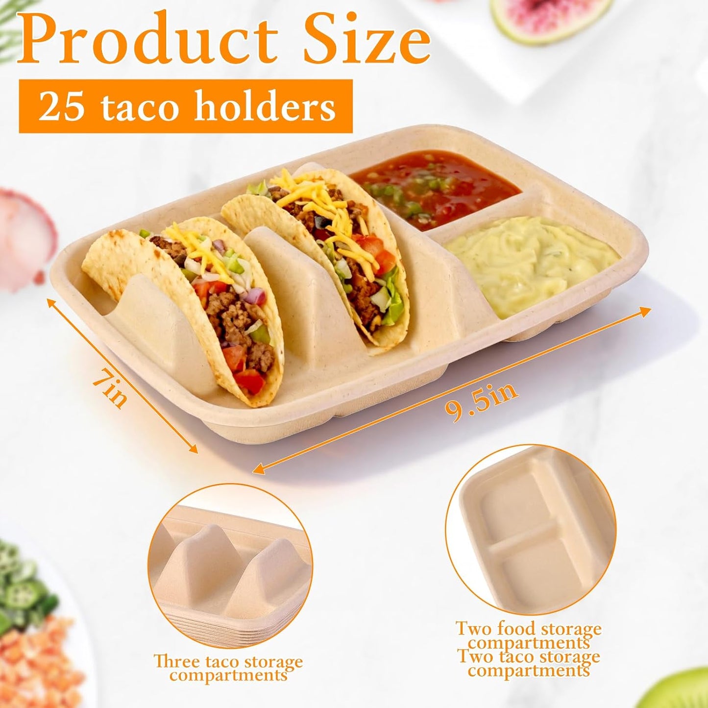tchrules 50pcs Taco Plates Disposable for 2 Tacos & 2 Sides, Premium Paper Taco Holders for Tacos Tuesday Bar Serving Set, Decorations Supplies (50)