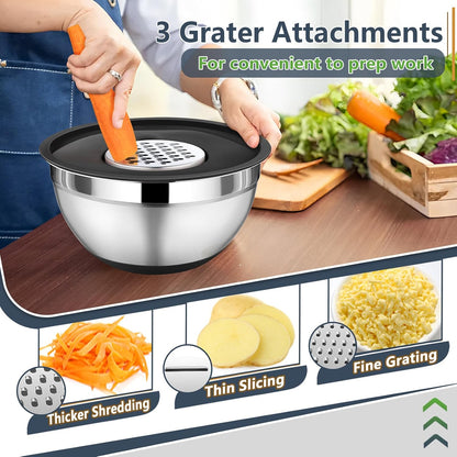 P&P CHEF Mixing Bowl with Lids Set of 3, Stainless Steel Nesting Salad Bowls for Serving Preparing, 3 Grater Attachments & Non-Slip Bottoms, Size 1.5/2.6/4.6 QT, Khaki
