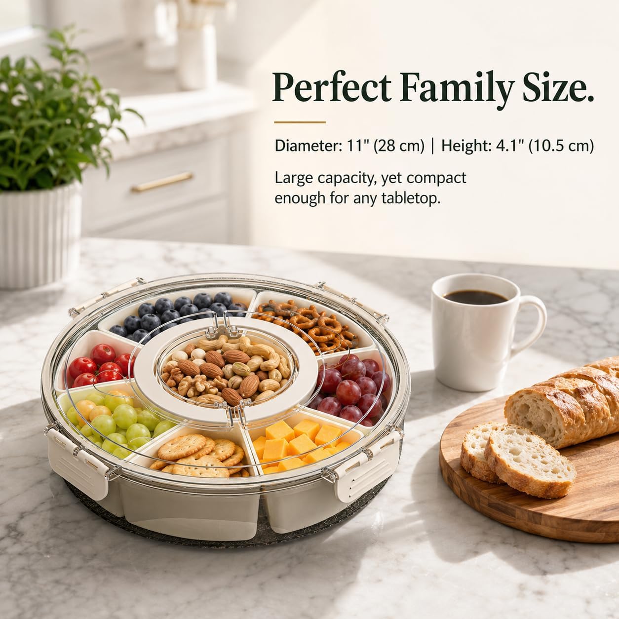 Rotating Snackle Box Container with Clear Snap-On Lid, 11" Divided Serving Tray with 6 Removable Compartments for Charcuterie, Veggie Platter & Taco Bar - 360° Lazy Susan Snack Spinner