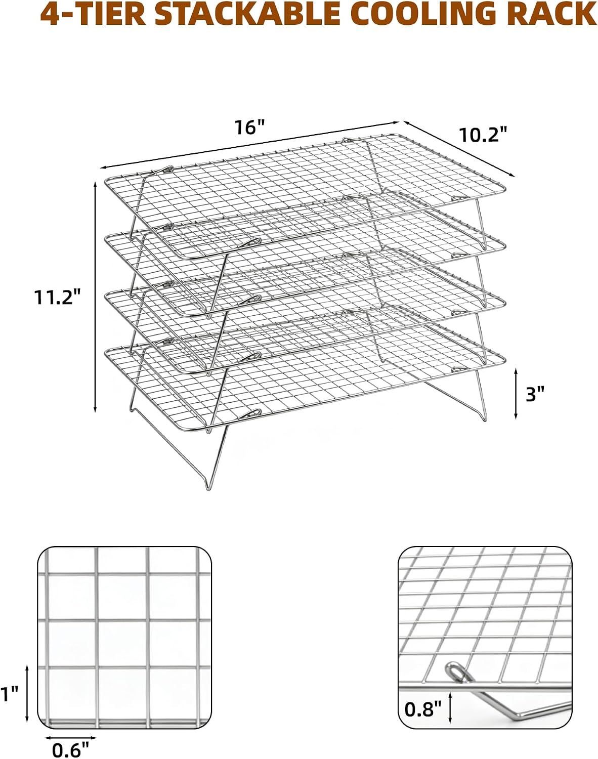 Cooling Rack 16"x10", 3-Tier Stackable & Collapsible Cooling Racks