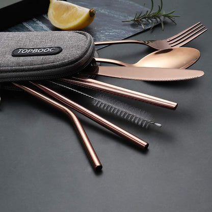 Portable Stainless Steel Flatware Set, Travel Camping Cutlery Set, Portable Utensil Travel Silverware Dinnerware Set with a Waterproof Case (Pink)