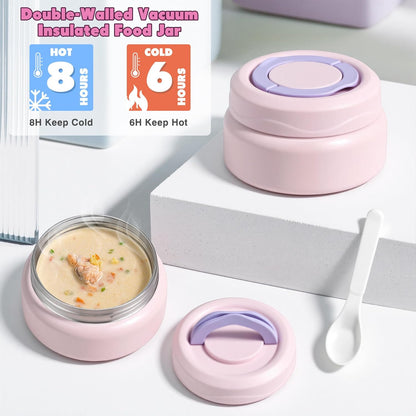 Bento Lunch Box for Kids with 7oz Soup Thermo,Insulated Stainless Steel Kids Water Bottle with Straw and Insulated Lunch Bag,Leak-Proof Lunch Food Container with Ice Pack for School (Purple-Mermaid)