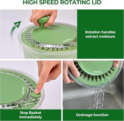 SUSTEAS Salad Spinner Large, Vegetables Wash Bowl, Fruits & Herb Lettuce Dryer with 5 Blade Slicer Egg Yolk Strainer Shredder for Efficient Salad Preparation and Food Washing, 4.25Qt