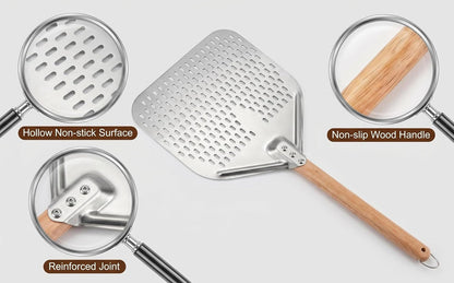 Perforated Pizza Peel Set, 12 x 14 Inch Stainless Steel Paddle with Detachable Wood Handle, Includes Peel, Cutter and Turner, 3 Piece