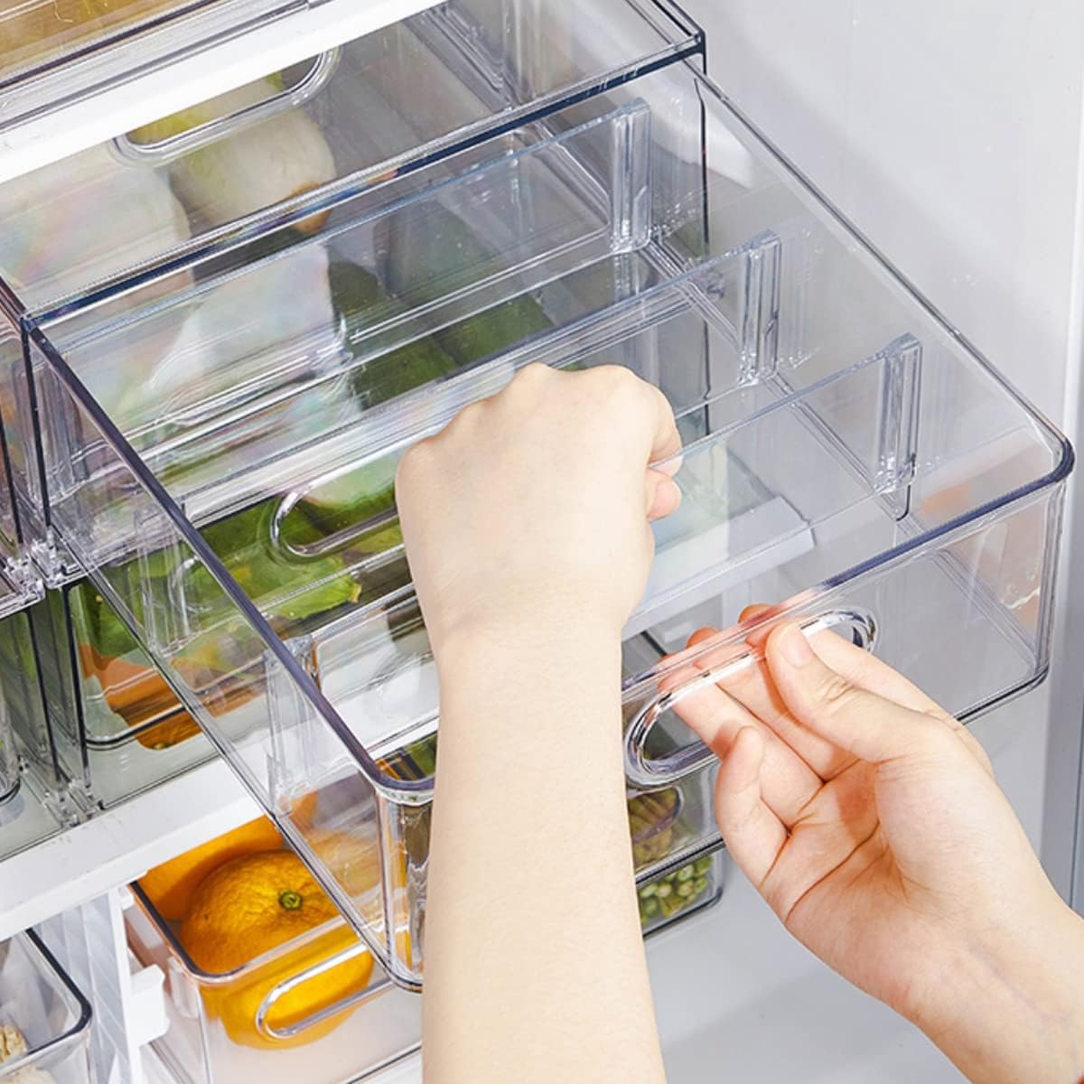 3Pack Fridge Organizer Drawer Divider Cube Pull-Out Bins Clear Food Container Refrigerator Storage box Produce Saver for Pantry Kitchen Cabinet