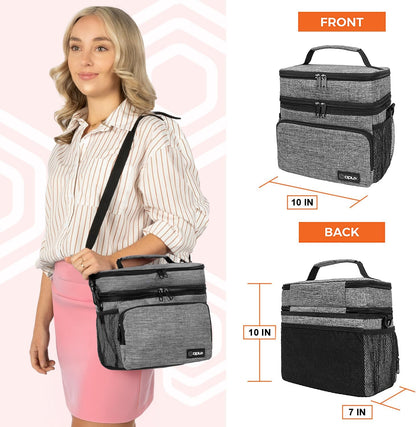 opux Insulated Lunch Bag for Men Women, Large Dual Compartment Cooler Bag, Soft Two Deck Lunch Box for Work School Picnic, Leakproof Lunch Tote with Shoulder Strap for Kid Adult (Purple, Double Deck)