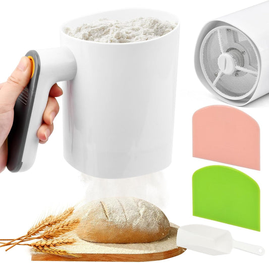 Electric Flour Sifter for Baking, 4 Cup Battery Operated Flours Sieve Cup, with Flour Scoop & 2 Dough Scrapers, One-Hand Operation with Comfortable Grip, for Powdered Sugar, Cocoa, and Cake Flours
