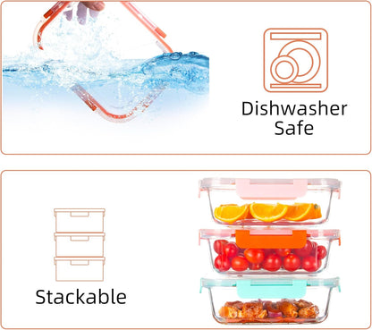 5 Pack Glass Meal Prep Containers 3 Compartment with Lids, Divided Glass Storage Containers with Silicone Sleeve for Lunch, Leak-Proof Portion Control Food Containers, Dishwasher Safe, 34 oz