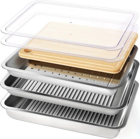 Grilling Prep and Serve Trays, Stainless Steel Large Capacity Food Prep Tray, Grill Carry System, Marinade Container with Lid and Cutting Board, BBQ Grill Accessories, Grilling Gifts for Men