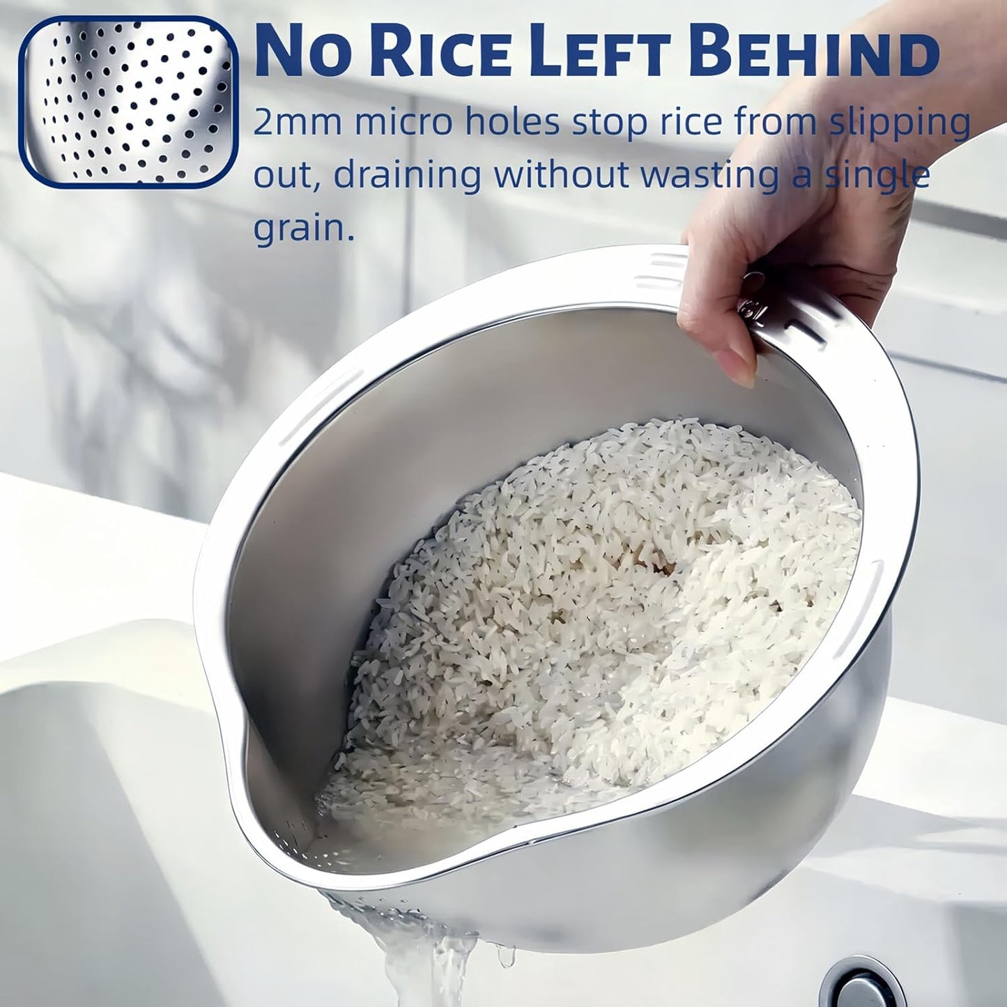 DOPMEP Rice Washer Strainer Bowl, Stainless Steel Colander with Side Drainers - Ideal for Soaking, Washing, Cleaning, and Rinsing Rice, Fruits, Vegetables & Beans, Versatile Kitchen Tool