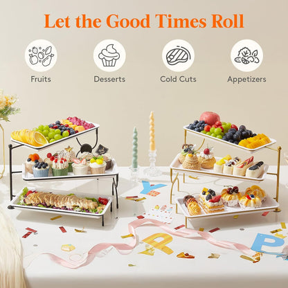 Lifewit 3 Tier Serving Tray, 30 x 17 cm/12 x 6.5" White Plastic Tiered Food Serving Platters, Tiered Tray Stand for Party with Black Collapsible Metal Stand, Dessert Display Stand for Cookies/Crackers