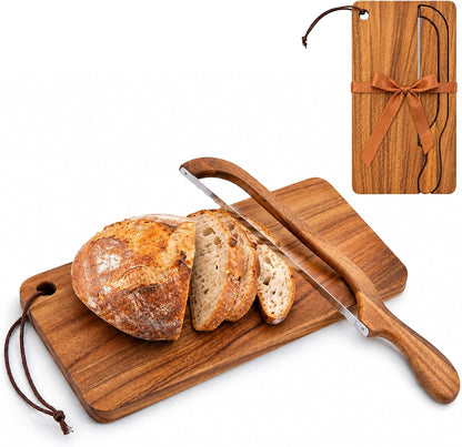 Premium Walnut Bread Cutting Board and Knife Set, Curved Serrated Bread Knife for Homemade Bread, Sourdough Bread Board with Magnetic Knife Storage