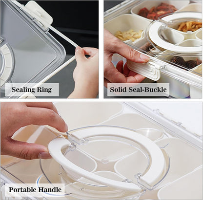 2Pack Divided Serving Tray with Lid and Handle Portable Snackle Box Charcuterie Container Clear Stackable food Organizer for Fruits Veggies for Fridge Party (2 Pack 4 Compartment with Handle)