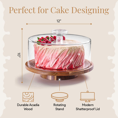 HOMESPHERE Acacia Wood Cake Stand with Lid - Cake Stand with Dome,12in Round Cake Holder, 2-in-1 Dessert Table Display Set & Charcuterie Board for Cheese, Chips & Dips, Fruit Platter, Large Acrylic Cake Dome Cover
