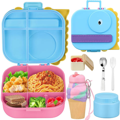 Aimsnk Magical Dinosaur Kids Lunch Box Set -12oz Insulated Food Jar, Leakproof Lunch Food Containers Cutlery, Leak-Proof Sauce Cup & Spoon, Gradient Green+Jar Green