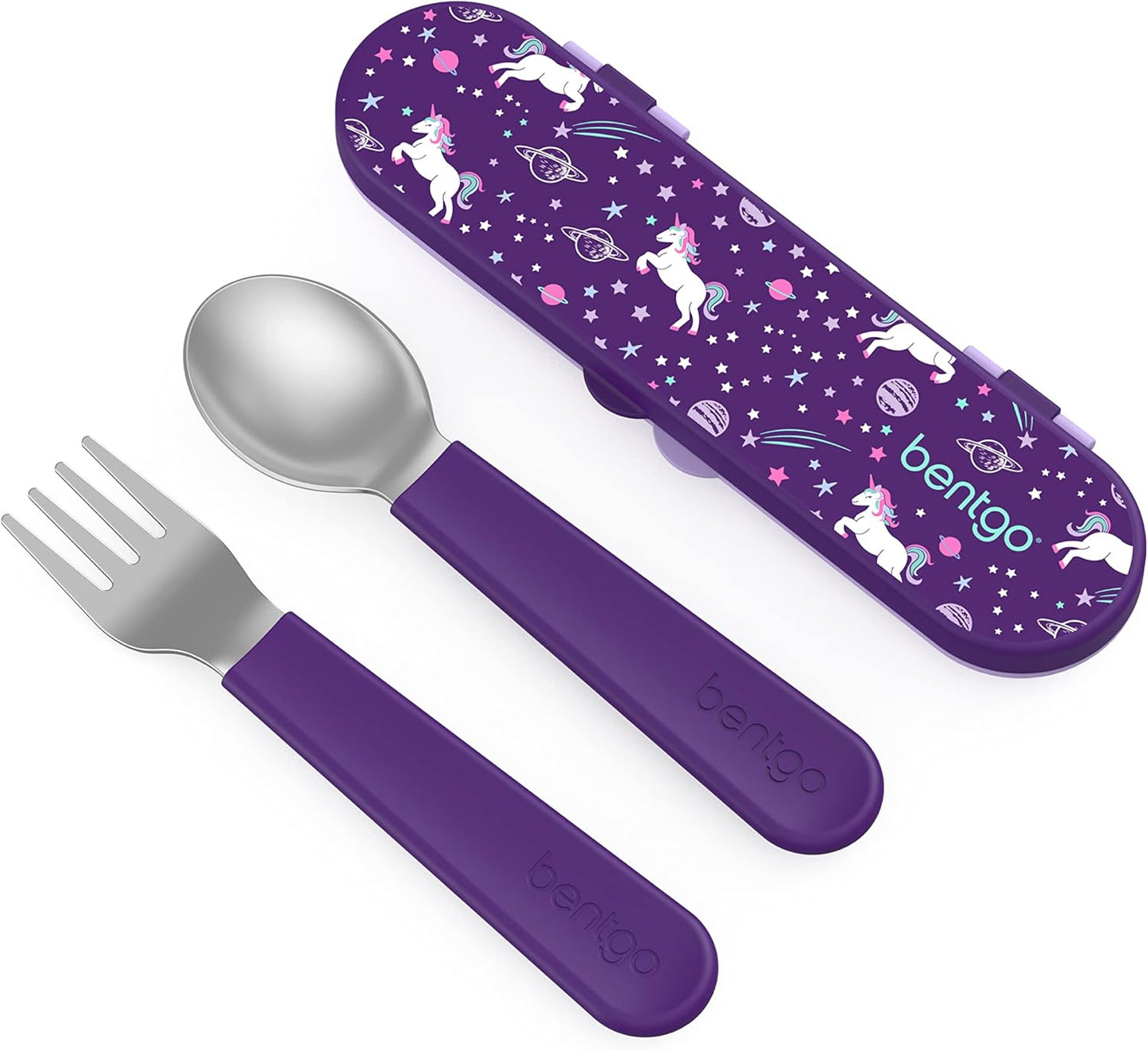 Bentgo Kids Stainless Steel Utensil Set - Reusable Fork, Spoon & Storage Case, PFAS- & BPA-Free, Easy-Grip Handles, Lightweight, Dishwasher Safe, School Lunch, Travel & Outdoors (Dinosaur)