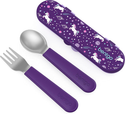 Bentgo Kids Stainless Steel Utensil Set - Reusable Fork, Spoon & Storage Case, PFAS- & BPA-Free, Easy-Grip Handles, Lightweight, Dishwasher Safe, School Lunch, Travel & Outdoors (Dinosaur)
