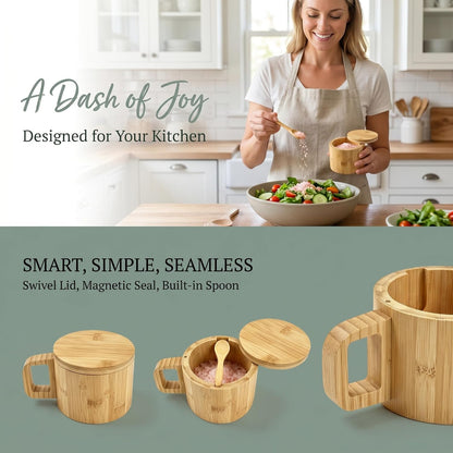 Bamboo Salt Cellar with Handle, 10oz Magnetic Swivel Lid & Spoon