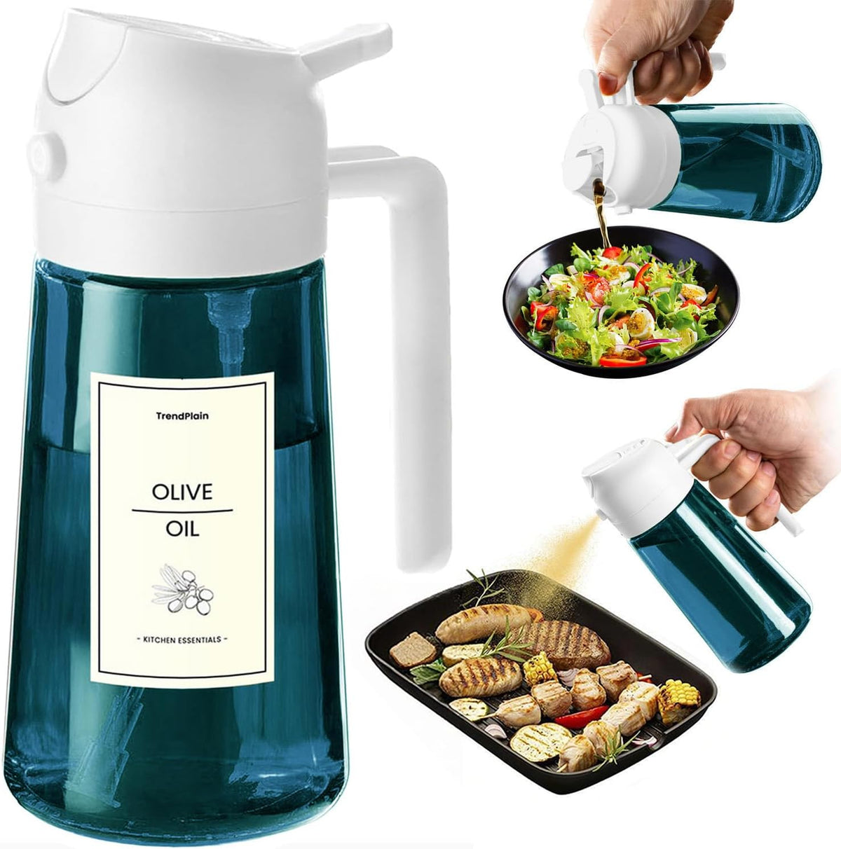 TrendPlain 16oz/470ml Blue Glass Olive Oil Sprayer for Cooking - 2 in 1 Olive Oil Dispenser for Kitchen Gadgets, Air Fryer, Salad, and BBQ - Black