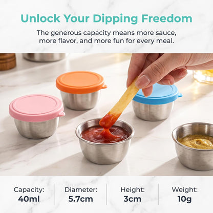 Set of 6 Stainless Pinch Bowls - 1.35 fl oz with Lids, Leakproof Reusable Mini Dipping Cups, Small Condiment Containers for Salad Dressing, Ketchup, Seasoning, 6 Colors, Dishwasher Safe