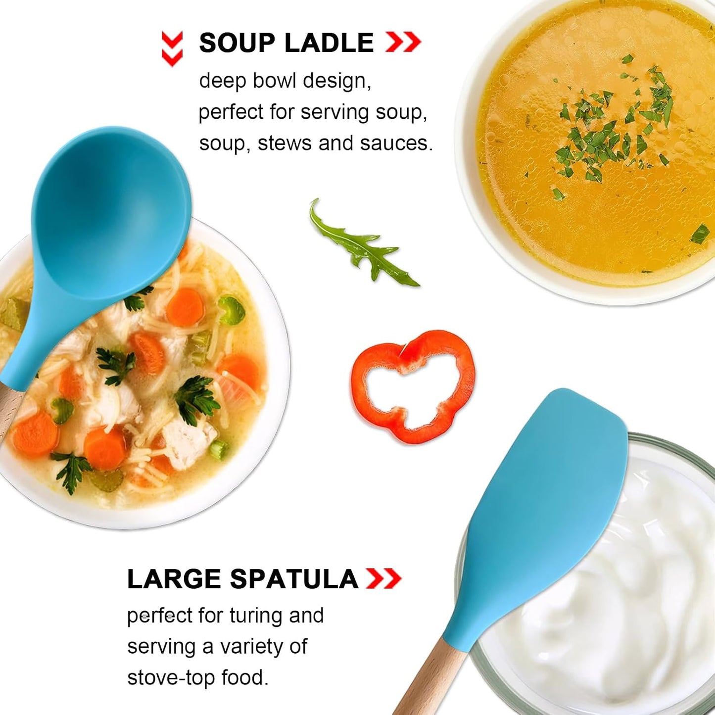 Kitchen Cooking Utensils Set, 6Pcs Silicone Kitchen Utensils Set Spatula Spoon Soup Ladle Turner, Heat Resistant Wooden Handle Silicone Cooking Gadgets for Nonstick Cookware & Baking BPA FREE