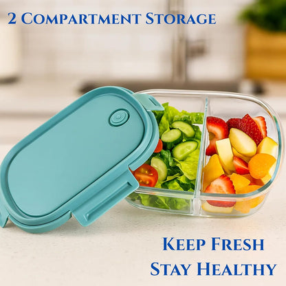 Neoflam 2 Compartment Glass Food Container with Airtight Lid – Divided Oval Bento Lunch Box with Vent, Reusable Meal Prep Storage, Microwave, Oven & Dishwasher Safe (37 oz, 1.1 Liter, 4.6 cups)