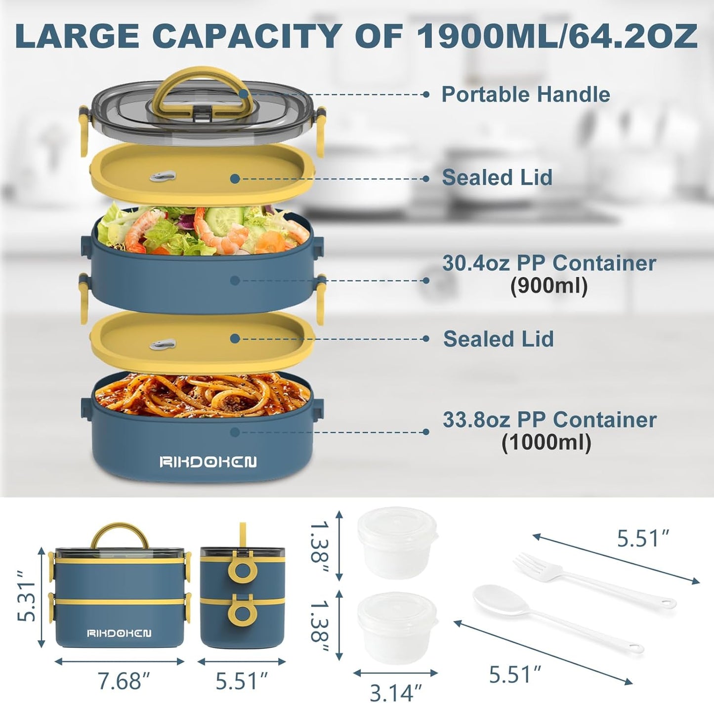 RIKDOKEN Lunch Box, Stackable 3 Layers Containers, Portable 94OZ Large Capacity Leakproof Bento Box with Spoon & Fork & Sauce Boxes, Microwave Safe Lunch Box for Kids and Adults