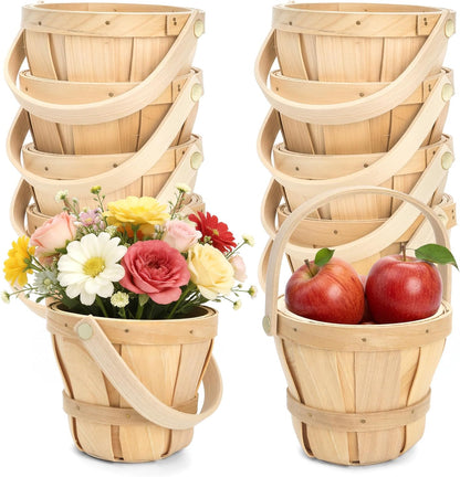 10 Pack Small Wooden Gift Basket, 4 x 4.7 Inch Round Woven Fruit Baskets Bulk, Mini Picnic Baskets with Handle for Easter Garden Picking Berry Vegetable Flower DIY Craft Wedding Party Home