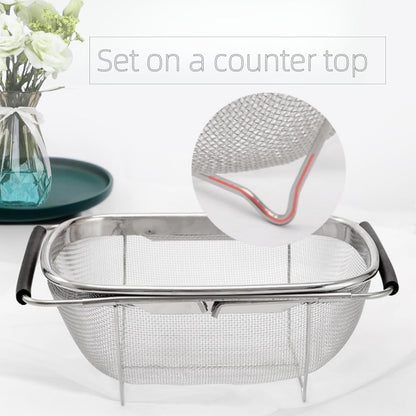 Expandable Strainer Over The Sink Basket, Stainless Steel Colander with Fine Mesh, 4-6Quart Strainer Basket with Rubber Grip Handle for Kitchen, Drain, Rinse Veegetables, Fruits (silver, 6QT)