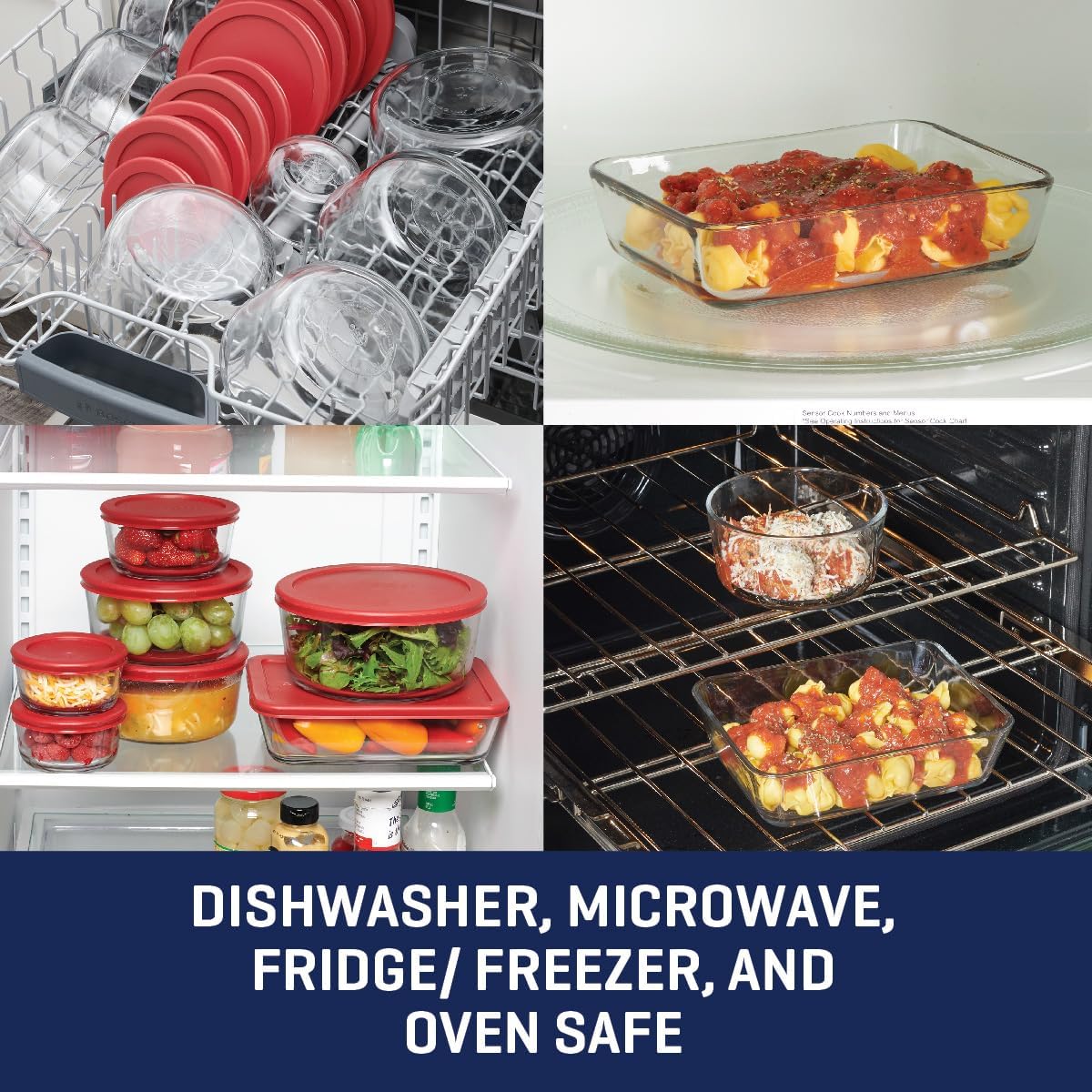 Anchor Hocking 12 Piece Glass Storage Containers with Lids (6 Glass Food Storage Containers & 6 Navy Blue SnugFit Lids)