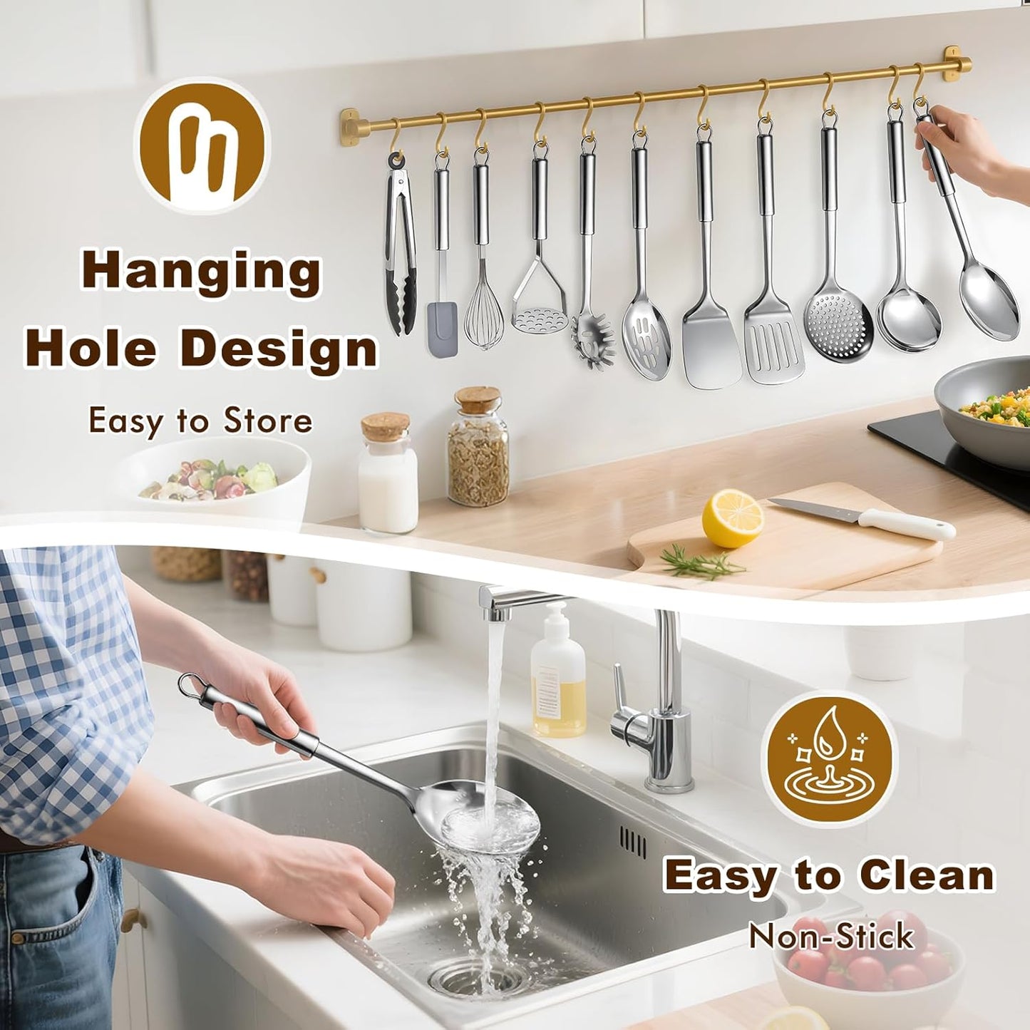 9 Pcs Cooking Utensils Set, Stainless Steel Kitchen Utensils, Heat Resistant Metal Kitchen Tools Include Solid & Slotted Spatula, Serving Spoon, Ladle, Pasta Server,Potato Maseher, Egg Whisk, Silver