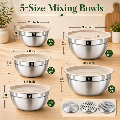 8PCS Stainless Steel Mixing Bowls with Lids - 5PCS Nesting Bowls, 3 Grater Attachments for 4.0 QT Bowl, Stainless Steel Mixing Bowls for Mixing & Serving, Size 1.5/2.1/3.5/4/4.5 QT, Khaki