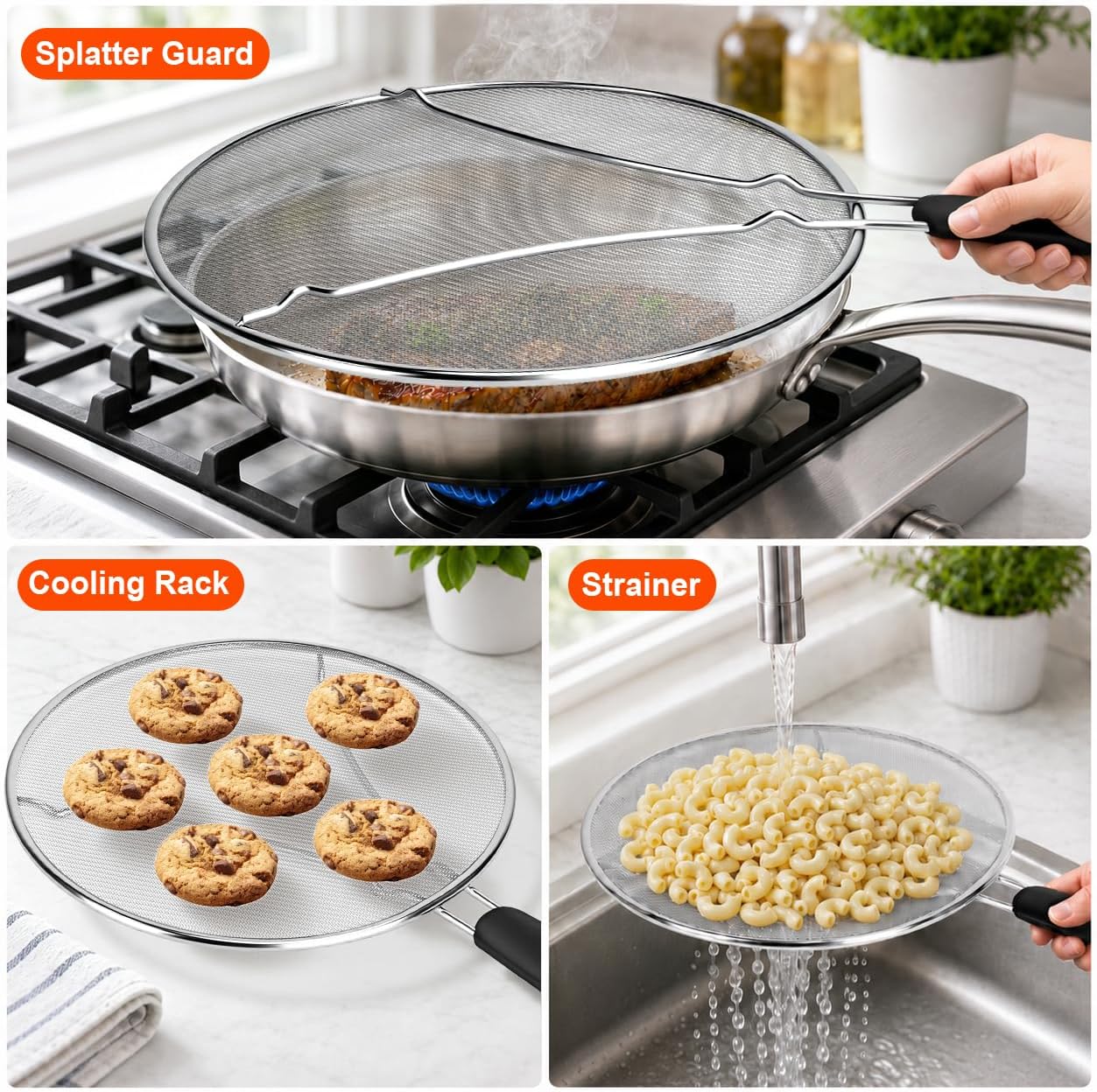 Splatter Screen for Frying Pan 3-Piece Set - Stainless Steel Grease Splatter Guard (13", 11.4", 9.8") - Oil Splash Guard & Fine Mesh Cover for Cooking Bacon