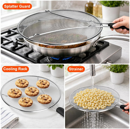 Splatter Screen for Frying Pan 3-Piece Set - Stainless Steel Grease Splatter Guard (13", 11.4", 9.8") - Oil Splash Guard & Fine Mesh Cover for Cooking Bacon