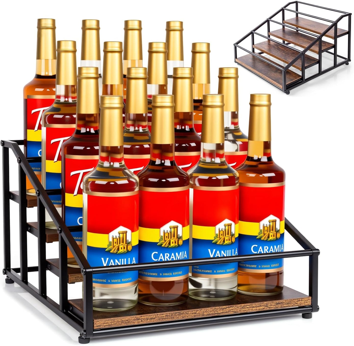 kimilus Coffee Syrup Organizer Rack, Liquor Bottle Display Shelf, 2 Tier 10 Syrup Bottles Holder Stand for Coffee Bar Kitchen Small Wine Rack for Family Storage for Syrup Wine Dressing
