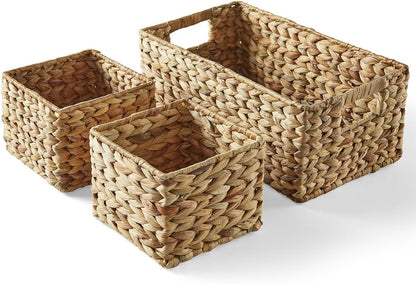 3-Piece Woven Water Hyacinth Storage Basket Set – Large Rectangular 16.1" x 6.7" x 5.9", 2 Small Square 5.9" x 5.9" x 4.7", for Pantry or Shelf
