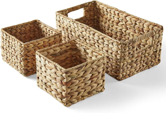 3-Piece Woven Water Hyacinth Storage Basket Set – Large Rectangular 16.1" x 6.7" x 5.9", 2 Small Square 5.9" x 5.9" x 4.7", for Pantry or Shelf