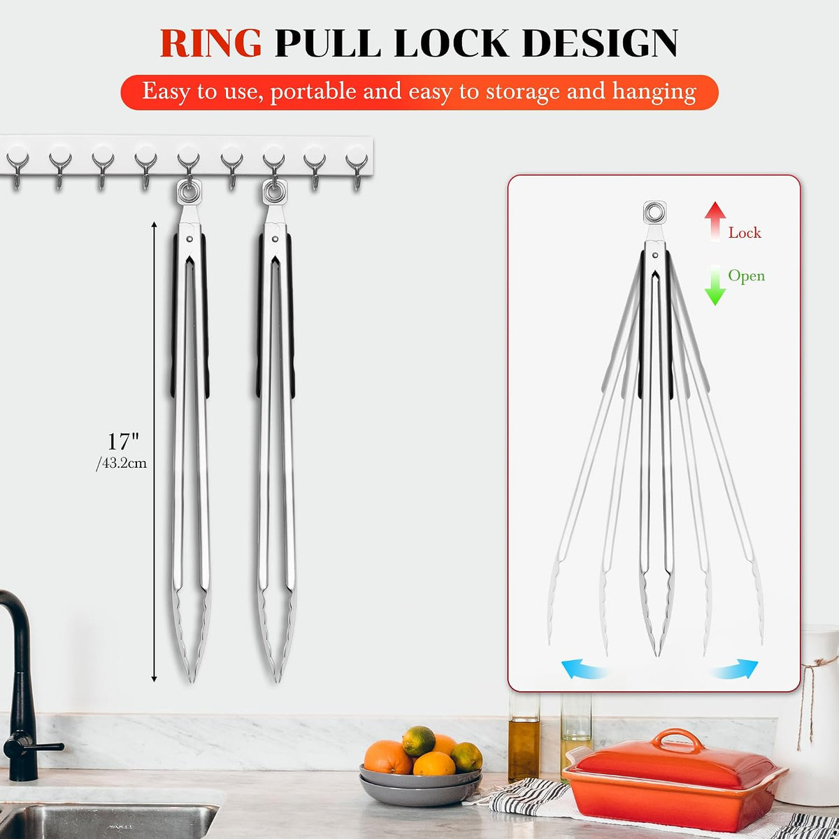 17" Extra Long Metal Tongs,Grilling Tongs,Stainless Steel Tongs for Cooking