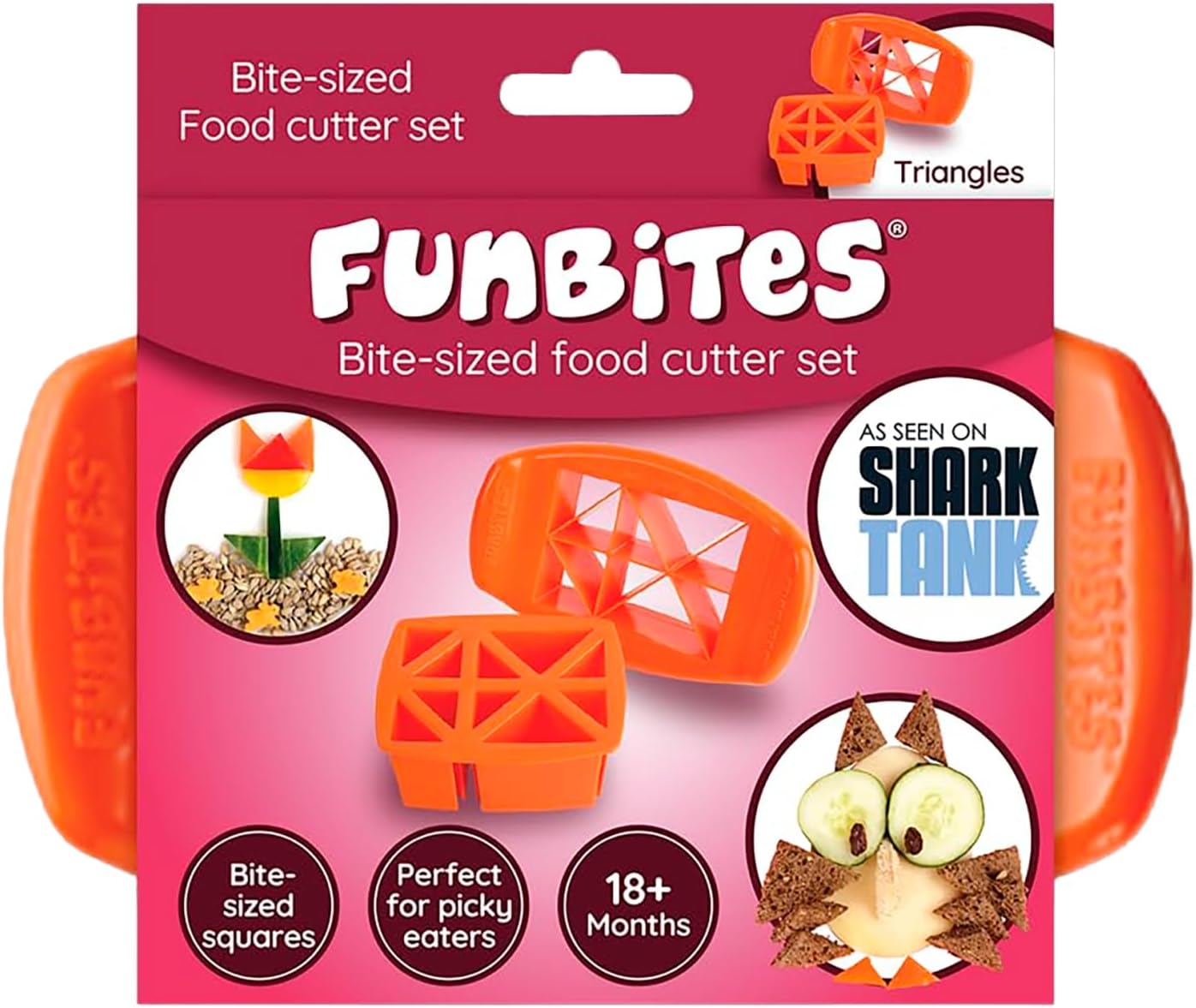 FUNBITES Crustless Sandwich Cutter for Kids Lunch, Uncrustable Sandwich Cutter (6-piece set), Bite-Size Food Cutter for Toddlers, Bento Box Accessories, Dishwasher Safe, Squares/Hearts/Triangles 3pk