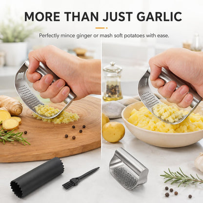 Garlic Press Rocker Set, Stainless Steel Mincer with Peeler & Brush