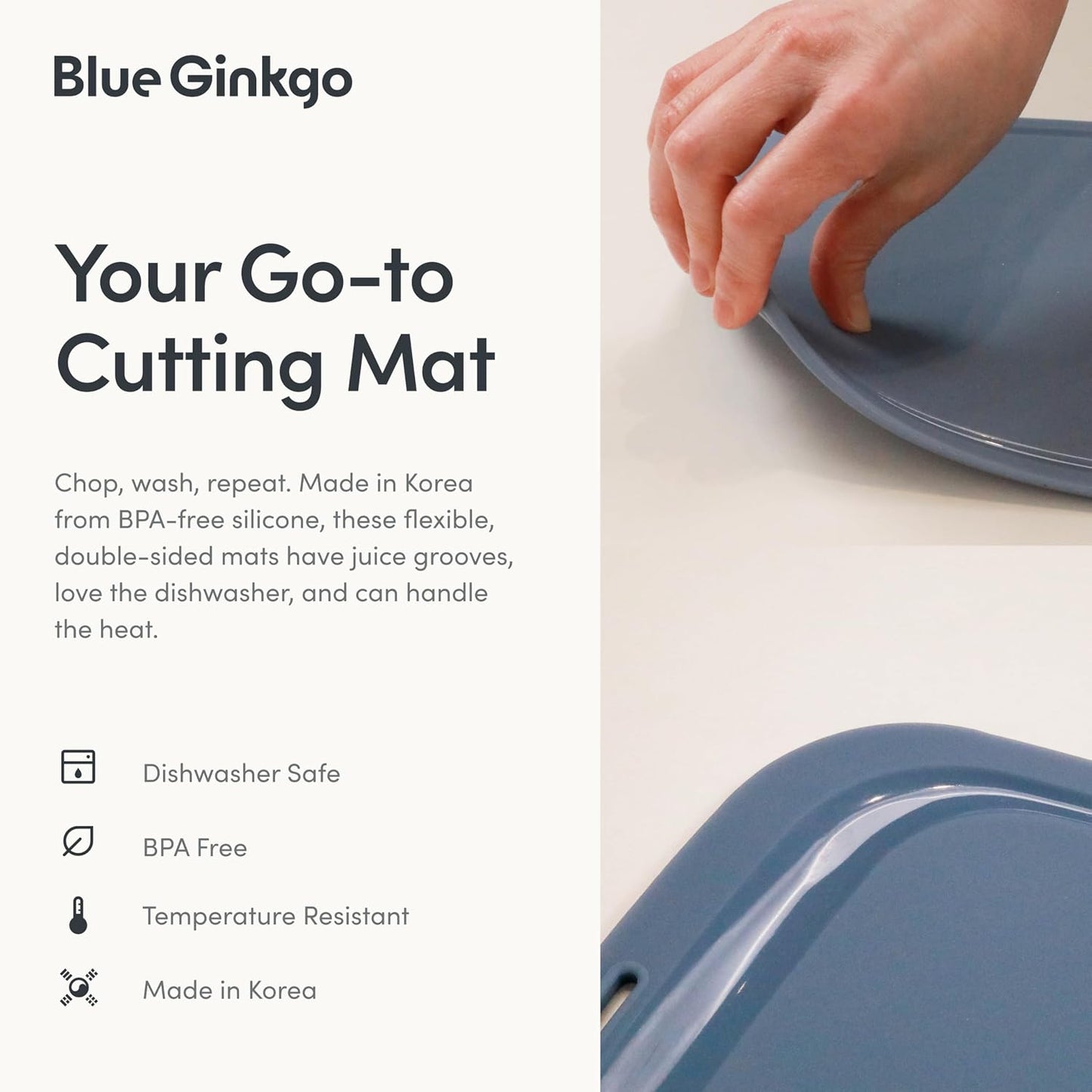 Blue Ginkgo Silicone Cutting Boards – Set of 3 (Small, Medium, Large) – Double-Sided, Thick, Flexible, Non-Slip, BPA Free – Juice Grooves, Dishwasher Safe (Made in Korea, Grey)