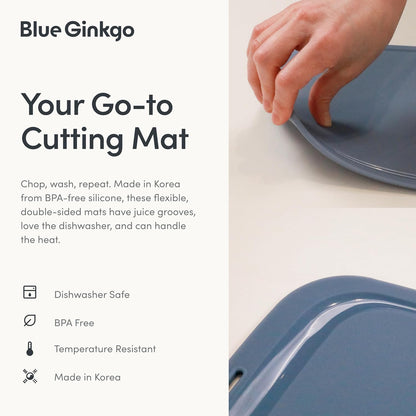 Blue Ginkgo Silicone Cutting Boards – Set of 3 (Small, Medium, Large) – Double-Sided, Thick, Flexible, Non-Slip, BPA Free – Juice Grooves, Dishwasher Safe (Made in Korea, Grey)