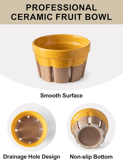 Gomakren Berry Bowls with Holes Ceramic, Berry Washing Bowl Basket Set of 2, 5.8 Inch Round Fruit Bowl Storage Containers, Strawberry Baskets, Farmhouse Kitchen Decor, Yellow + Brown