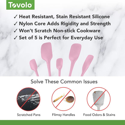 Tovolo Flex Core 5 Piece Silicone Spatula Set Heat Resistant All Silicone Utensils Include Non Stick Spatula Spoonula Jar Scraper, Dishwasher Safe BPA Free Spatulas for Baking Mixing, White