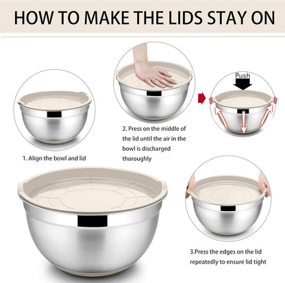 P&P CHEF Mixing Bowls with Lids Set of 5, Stainless Steel Nesting Salad Bowl with Lid & Base for Non-slip Mixing Prepping Storing Serving, 5 Sizes-7/3.5/2.5/1.5/1 QT, Khaki