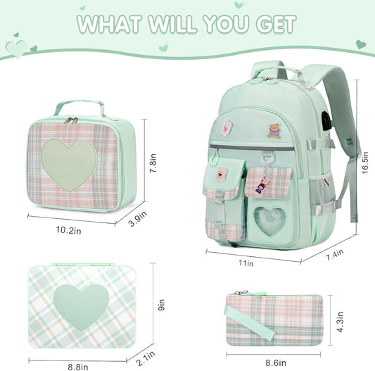ACESAK Girls Backpack - Bento Box with Insulated Lunch Bag Pencil Case & Utensils Set for Kids, 6 Leakproof Compartments Removable Tray Lunches or Snack Container for School (Green)